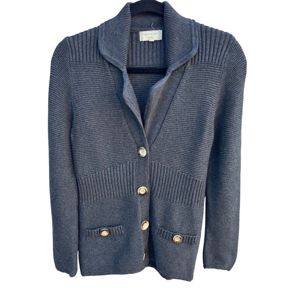 Sigrid Olsen Studio Gray Button-Up Cardigan With … - image 1